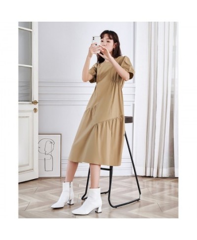 Women Dress 2023 Summer Puff Sleeves O Neck A-shape Pleated Stitching Khaki Casual Chic Designer Mid-length Skirt $85.21 - Dr...