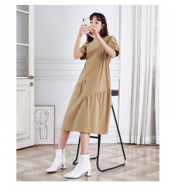 Women Dress 2023 Summer Puff Sleeves O Neck A-shape Pleated Stitching Khaki Casual Chic Designer Mid-length Skirt $85.21 - Dr...