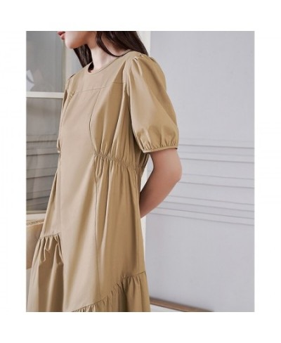 Women Dress 2023 Summer Puff Sleeves O Neck A-shape Pleated Stitching Khaki Casual Chic Designer Mid-length Skirt $85.21 - Dr...