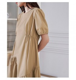 Women Dress 2023 Summer Puff Sleeves O Neck A-shape Pleated Stitching Khaki Casual Chic Designer Mid-length Skirt $85.21 - Dr...