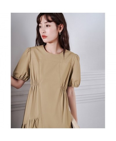 Women Dress 2023 Summer Puff Sleeves O Neck A-shape Pleated Stitching Khaki Casual Chic Designer Mid-length Skirt $85.21 - Dr...