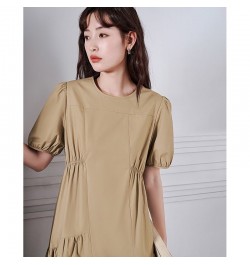 Women Dress 2023 Summer Puff Sleeves O Neck A-shape Pleated Stitching Khaki Casual Chic Designer Mid-length Skirt $85.21 - Dr...