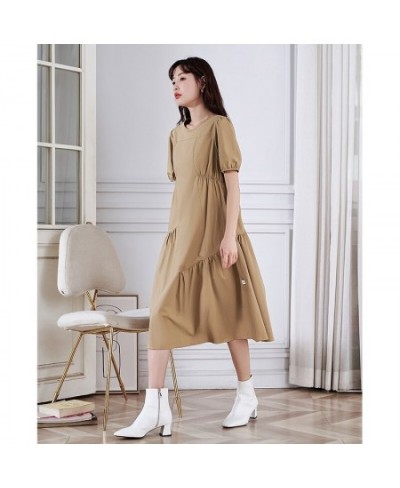 Women Dress 2023 Summer Puff Sleeves O Neck A-shape Pleated Stitching Khaki Casual Chic Designer Mid-length Skirt $85.21 - Dr...