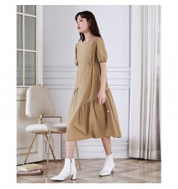 Women Dress 2023 Summer Puff Sleeves O Neck A-shape Pleated Stitching Khaki Casual Chic Designer Mid-length Skirt $85.21 - Dr...