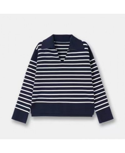 2022 Women's Long Sleeve Navy Striped V-neck Sweater Sweater New Fall Casual Top $82.43 - Tops & Tees