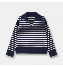 2022 Women's Long Sleeve Navy Striped V-neck Sweater Sweater New Fall Casual Top $82.43 - Tops & Tees