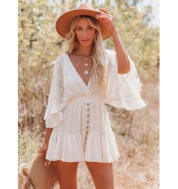 White Lace Tunic Sexy Deep V Neck Button Bikini Cover-ups Women Clothes 2023 Summer Sexy Ruffles Long Sleeves Mini Dress A113...