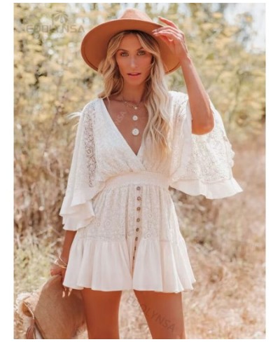 White Lace Tunic Sexy Deep V Neck Button Bikini Cover-ups Women Clothes 2023 Summer Sexy Ruffles Long Sleeves Mini Dress A113...