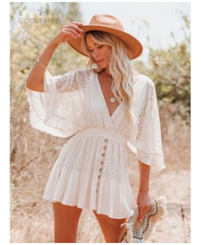 White Lace Tunic Sexy Deep V Neck Button Bikini Cover-ups Women Clothes 2023 Summer Sexy Ruffles Long Sleeves Mini Dress A113...