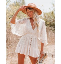 White Lace Tunic Sexy Deep V Neck Button Bikini Cover-ups Women Clothes 2023 Summer Sexy Ruffles Long Sleeves Mini Dress A113...