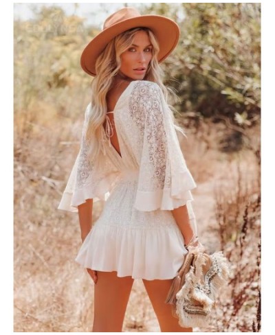 White Lace Tunic Sexy Deep V Neck Button Bikini Cover-ups Women Clothes 2023 Summer Sexy Ruffles Long Sleeves Mini Dress A113...