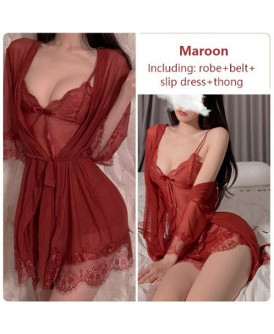 Sexy Women's Pajamas Suit Hollow Lace Transparent Sleepwear Dress Sets Bowknot Suspender Nightgown Lace-up Robe Homewear Suit...