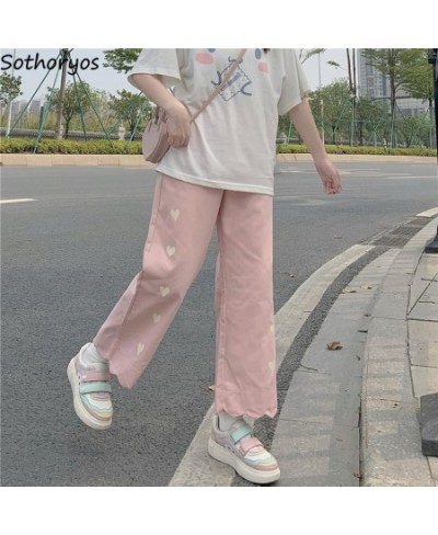 Heart Print Pink Casual Pants Women Sweet Cute Baggy Straight Trousers Preppy Style Tender Girlish Popular Ankle-length Basic...