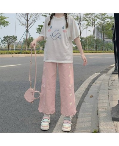 Heart Print Pink Casual Pants Women Sweet Cute Baggy Straight Trousers Preppy Style Tender Girlish Popular Ankle-length Basic...