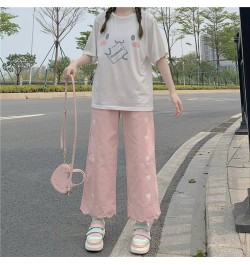 Heart Print Pink Casual Pants Women Sweet Cute Baggy Straight Trousers Preppy Style Tender Girlish Popular Ankle-length Basic...