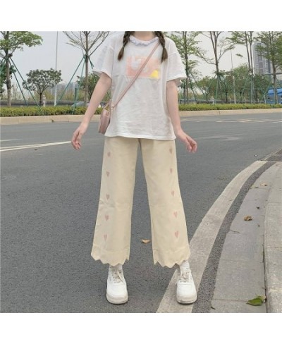 Heart Print Pink Casual Pants Women Sweet Cute Baggy Straight Trousers Preppy Style Tender Girlish Popular Ankle-length Basic...