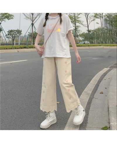 Heart Print Pink Casual Pants Women Sweet Cute Baggy Straight Trousers Preppy Style Tender Girlish Popular Ankle-length Basic...