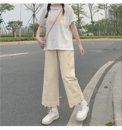 Heart Print Pink Casual Pants Women Sweet Cute Baggy Straight Trousers Preppy Style Tender Girlish Popular Ankle-length Basic...