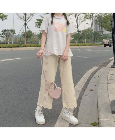 Heart Print Pink Casual Pants Women Sweet Cute Baggy Straight Trousers Preppy Style Tender Girlish Popular Ankle-length Basic...