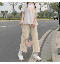 Heart Print Pink Casual Pants Women Sweet Cute Baggy Straight Trousers Preppy Style Tender Girlish Popular Ankle-length Basic...