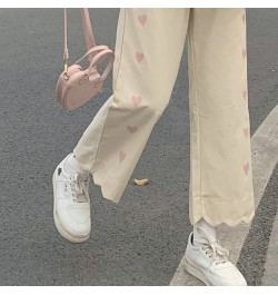 Heart Print Pink Casual Pants Women Sweet Cute Baggy Straight Trousers Preppy Style Tender Girlish Popular Ankle-length Basic...