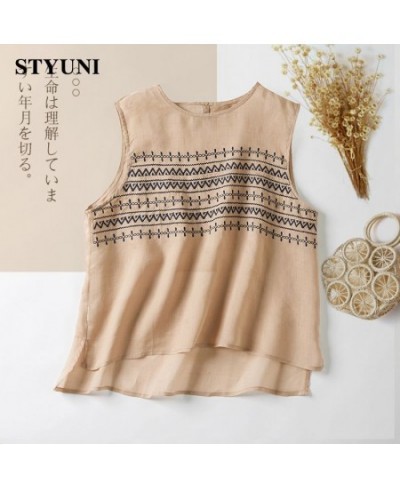 Embroidery Striped Round-Neck Linen Casual Women's Vest Shirt 2022 Summer Sleeveless Tank Tops Lightweight Korean Fashion $34...