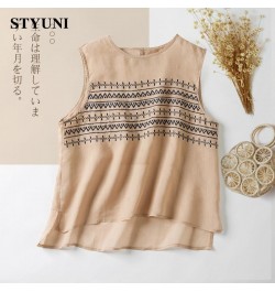 Embroidery Striped Round-Neck Linen Casual Women's Vest Shirt 2022 Summer Sleeveless Tank Tops Lightweight Korean Fashion $34...