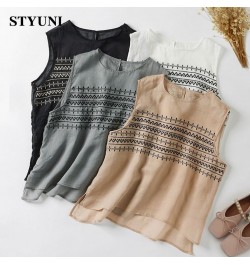 Embroidery Striped Round-Neck Linen Casual Women's Vest Shirt 2022 Summer Sleeveless Tank Tops Lightweight Korean Fashion $34...