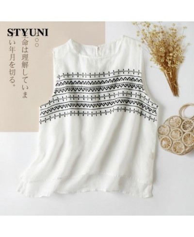 Embroidery Striped Round-Neck Linen Casual Women's Vest Shirt 2022 Summer Sleeveless Tank Tops Lightweight Korean Fashion $34...