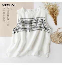 Embroidery Striped Round-Neck Linen Casual Women's Vest Shirt 2022 Summer Sleeveless Tank Tops Lightweight Korean Fashion $34...