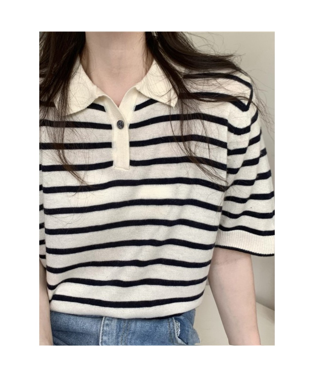 Summer 2022 New Striped T-shirt Ladies Short Top Shirts Collar Short Sleeve Sweater Temperament Sweet Spicy Shirt Women $27.9...