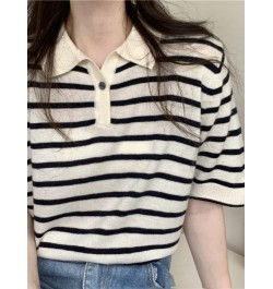 Summer 2022 New Striped T-shirt Ladies Short Top Shirts Collar Short Sleeve Sweater Temperament Sweet Spicy Shirt Women $27.9...