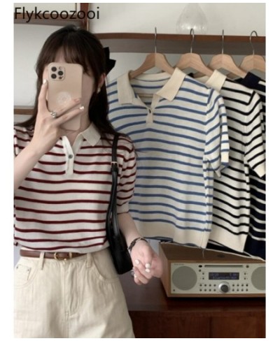 Summer 2022 New Striped T-shirt Ladies Short Top Shirts Collar Short Sleeve Sweater Temperament Sweet Spicy Shirt Women $27.9...