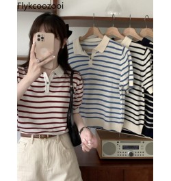 Summer 2022 New Striped T-shirt Ladies Short Top Shirts Collar Short Sleeve Sweater Temperament Sweet Spicy Shirt Women $27.9...