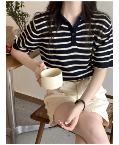 Summer 2022 New Striped T-shirt Ladies Short Top Shirts Collar Short Sleeve Sweater Temperament Sweet Spicy Shirt Women $27.9...