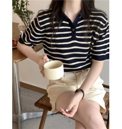 Summer 2022 New Striped T-shirt Ladies Short Top Shirts Collar Short Sleeve Sweater Temperament Sweet Spicy Shirt Women $27.9...