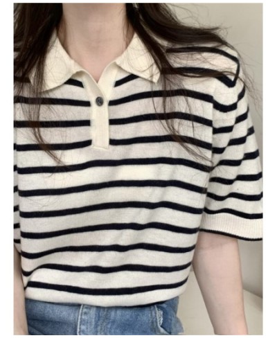 Summer 2022 New Striped T-shirt Ladies Short Top Shirts Collar Short Sleeve Sweater Temperament Sweet Spicy Shirt Women $27.9...