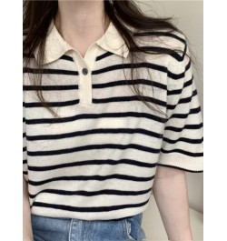 Summer 2022 New Striped T-shirt Ladies Short Top Shirts Collar Short Sleeve Sweater Temperament Sweet Spicy Shirt Women $27.9...