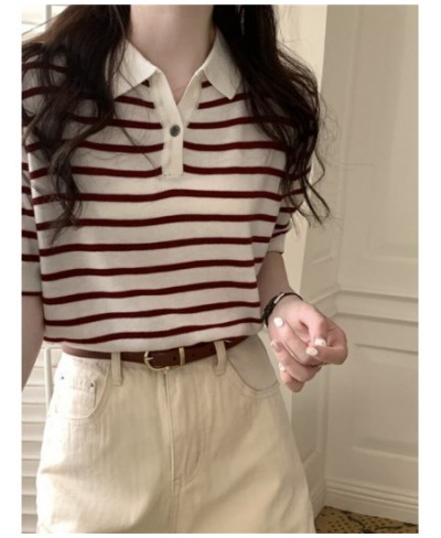 Summer 2022 New Striped T-shirt Ladies Short Top Shirts Collar Short Sleeve Sweater Temperament Sweet Spicy Shirt Women $27.9...