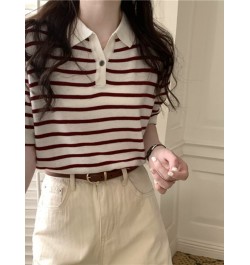 Summer 2022 New Striped T-shirt Ladies Short Top Shirts Collar Short Sleeve Sweater Temperament Sweet Spicy Shirt Women $27.9...