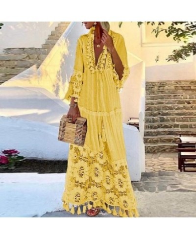 Sexy Crochet Lace Deep V-Neck Lady Dress Elegant Women Hollow Out Chiffon Bandage Party Dress Summer Flare Sleeve Beach $55.9...