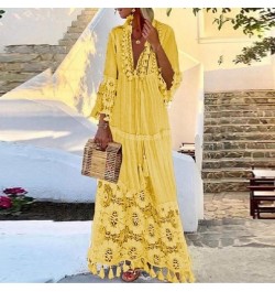 Sexy Crochet Lace Deep V-Neck Lady Dress Elegant Women Hollow Out Chiffon Bandage Party Dress Summer Flare Sleeve Beach $55.9...