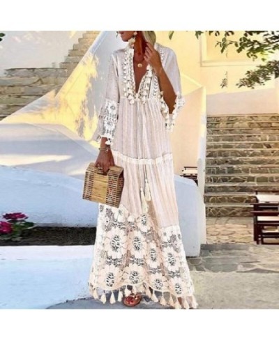 Sexy Crochet Lace Deep V-Neck Lady Dress Elegant Women Hollow Out Chiffon Bandage Party Dress Summer Flare Sleeve Beach $55.9...