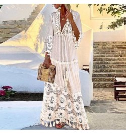 Sexy Crochet Lace Deep V-Neck Lady Dress Elegant Women Hollow Out Chiffon Bandage Party Dress Summer Flare Sleeve Beach $55.9...