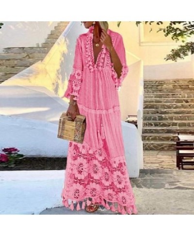 Sexy Crochet Lace Deep V-Neck Lady Dress Elegant Women Hollow Out Chiffon Bandage Party Dress Summer Flare Sleeve Beach $55.9...