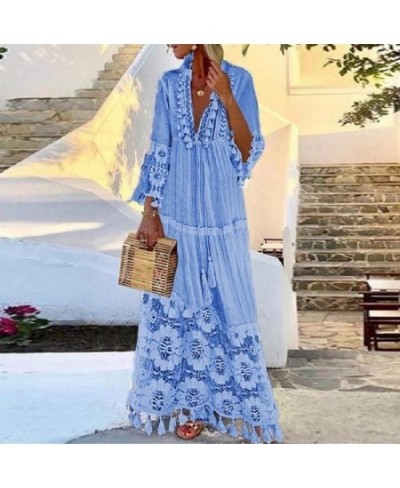 Sexy Crochet Lace Deep V-Neck Lady Dress Elegant Women Hollow Out Chiffon Bandage Party Dress Summer Flare Sleeve Beach $55.9...