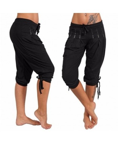 Sports Women Pants Casual Low Rise Drawstring Rhinestone Pleated Sports Capri Pants Short Casual Skinny Pants for Women $29.8...