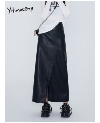 Leather Midi Skirts for Women Split High Waist Skirts Y2k Black Streetwear Fashion New Design Loose Ladies Skirt $64.91 - Bot...