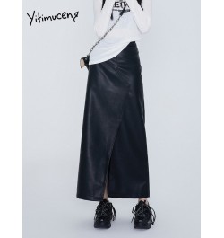 Leather Midi Skirts for Women Split High Waist Skirts Y2k Black Streetwear Fashion New Design Loose Ladies Skirt $64.91 - Bot...