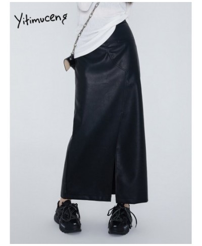 Leather Midi Skirts for Women Split High Waist Skirts Y2k Black Streetwear Fashion New Design Loose Ladies Skirt $64.91 - Bot...